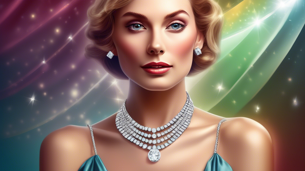 An elegantly dressed woman gracefully showcasing a diamond tennis necklace, with a detailed close-up on the sparkling diamonds, against a luxurious and sophisticated background, emphasizing the brilliance and beauty of the necklace.