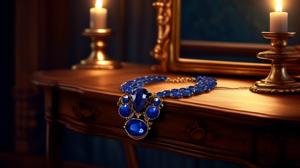 An elegant vintage sapphire necklace laying delicately on an antique wooden dressing table, softly illuminated by the warm glow of candlelight, capturing the essence of timeless beauty.