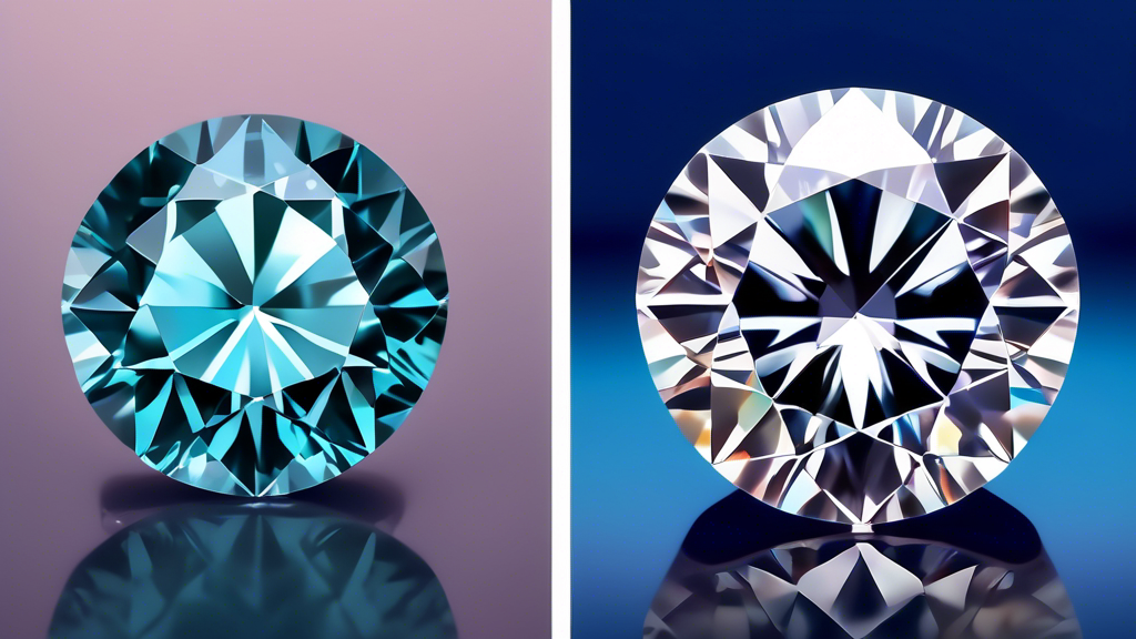 An illustrative comparison of a moissanite crystal and a diamond under a microscope, highlighting the molecular structure that contributes to their respective durability and hardness ratings, set against the backdrop of a jeweler's workshop.