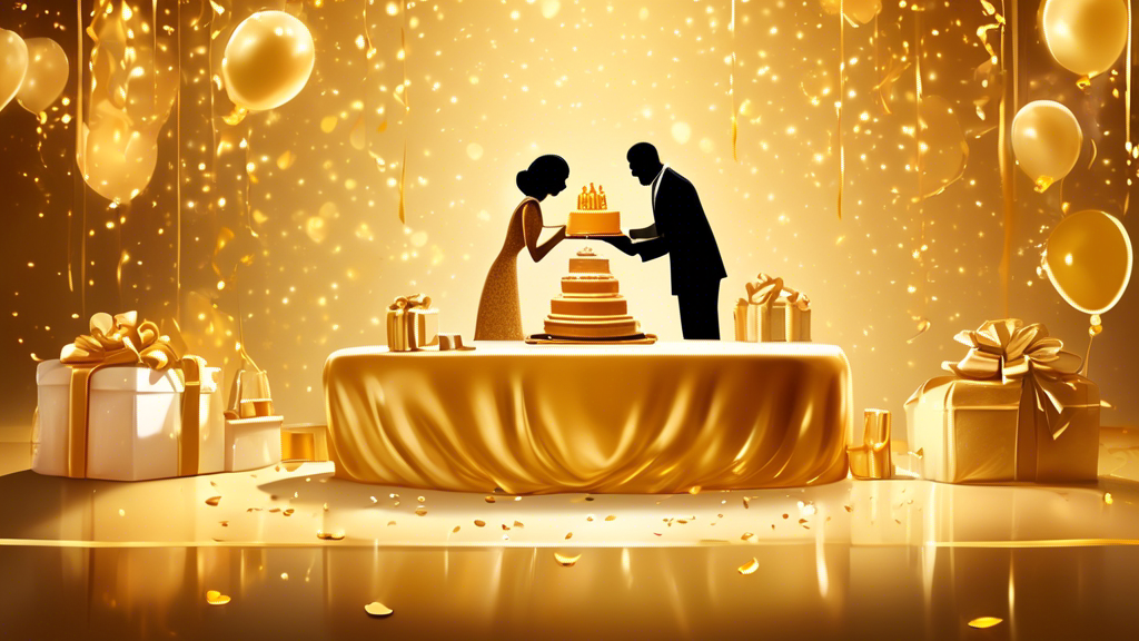 An elegant golden jubilee celebration scene with a couple unwrapping their top 50th anniversary gifts, surrounded by golden decorations and a shimmering golden cake, all captured in a warm, luminous ambiance.