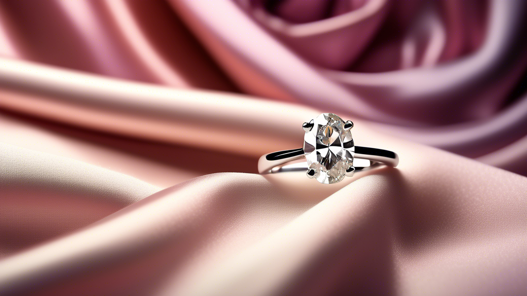 An elegant oval cut diamond engagement ring placed gracefully on a gleaming satin cloth with soft, romantic lighting highlighting its brilliance and unique beauty.