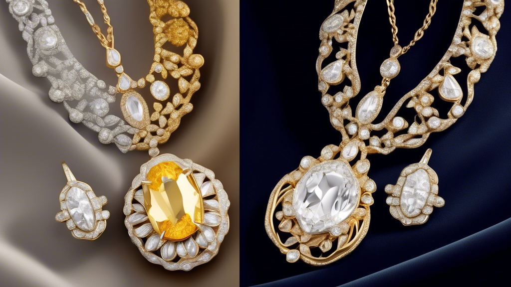 A side-by-side comparison of elegant white gold and traditional yellow gold jewelry pieces displayed on a plush velvet fabric, under soft, sophisticated lighting.