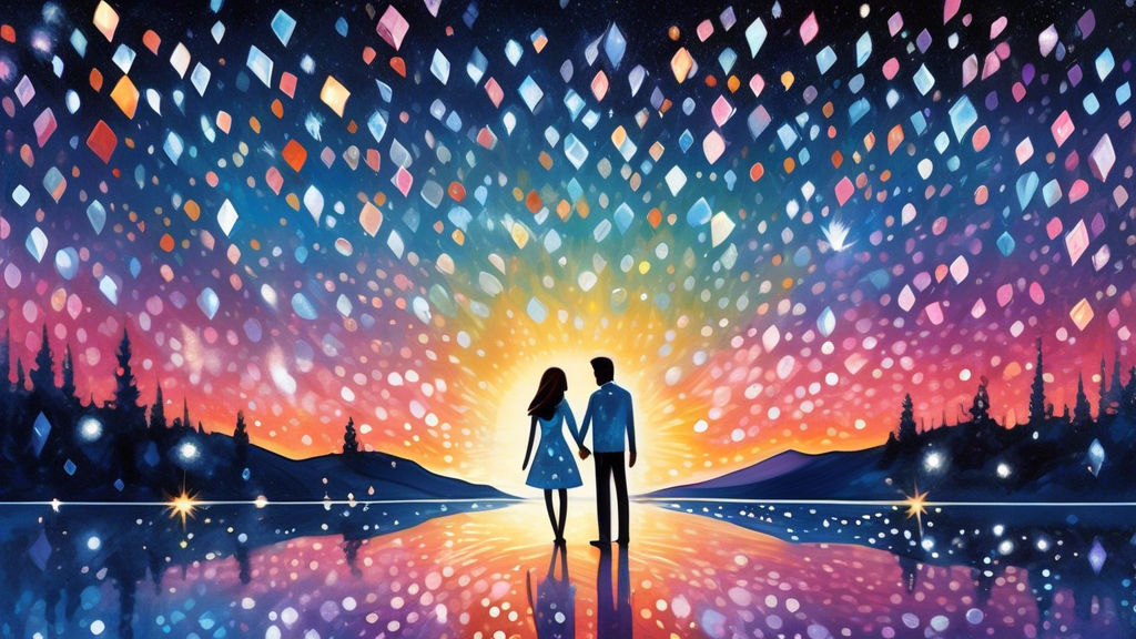An enchanting illustration of a couple, Jen and Dave, hand in hand, surrounded by dazzlingly brilliant diamonds under a starlit sky, symbolizing their sparkling love story.