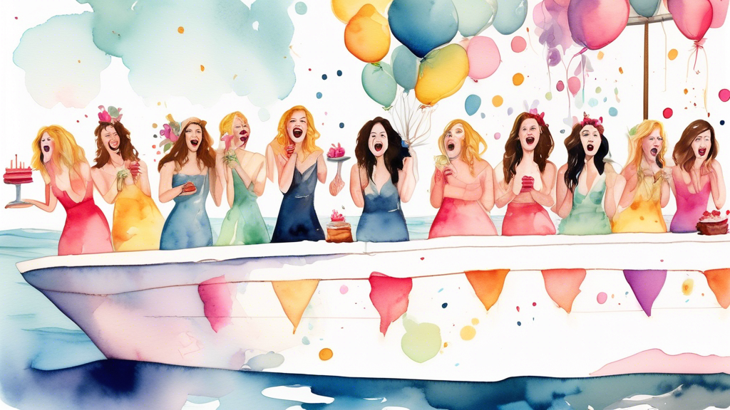 A whimsical watercolor illustration of a bachelorette party on a boat, with bridesmaids accidentally dropping the wedding cake into the water, surrounded by humorous expressions of surprise and dismay.