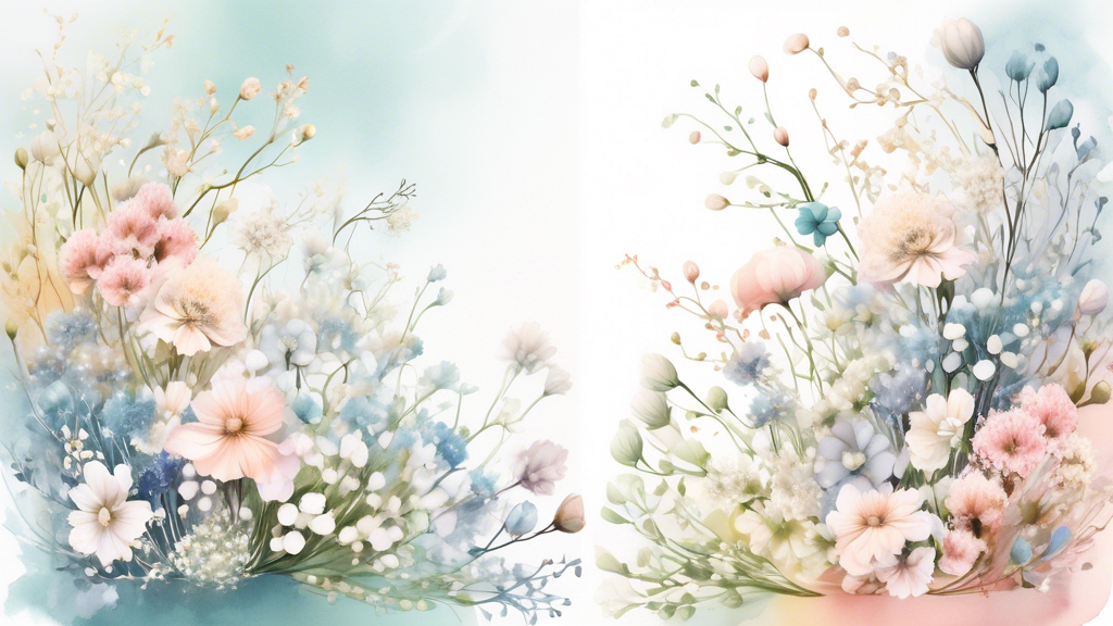 Create an enchanting image of various Baby’s Breath floral arrangements delicately enhancing different celebration scenes, showcasing weddings, romantic dinners, birthday parties, and baby showers, all in a whimsical, fairy tale-like art style.
