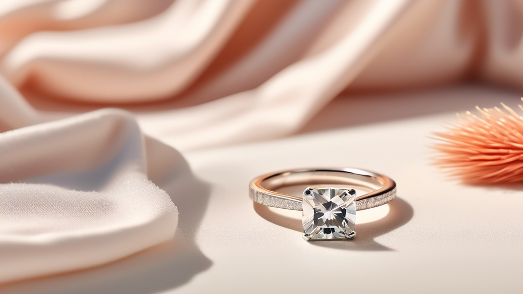 An elegant, radiant moissanite ring being gently cleaned with a soft cloth and a small brush, surrounded by a kit of eco-friendly cleaning solutions, against a pristine, sparkling background.