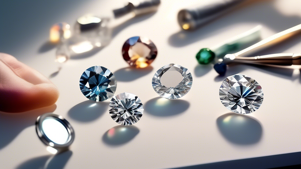 Demonstration of moissanite being tested for scratch resistance alongside diamonds and other gemstones on a hardness scale, with a magnifying glass focusing on the surface for detailed observation.
