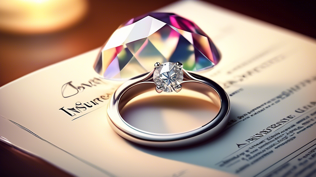 An elegant diamond engagement ring carefully placed atop a detailed insurance policy document, under a protective glass dome, with soft lighting emphasizing the concept of security and assurance, in a romantic, yet sophisticated setting.