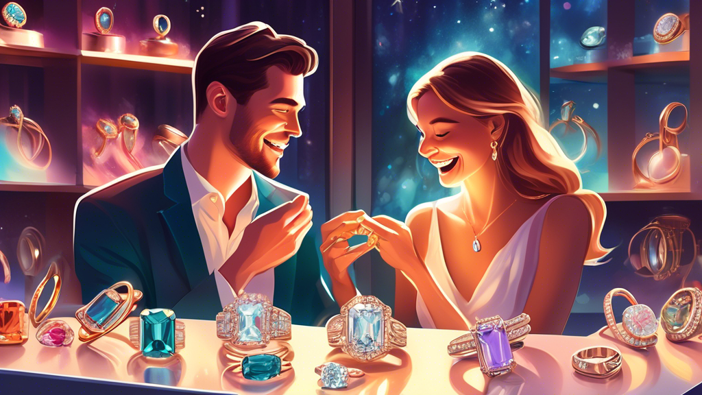 An enchanting illustration of a couple joyfully browsing through a selection of affordable engagement rings, showcasing a variety of styles and trends, set in a magical, glowing jewelry store.