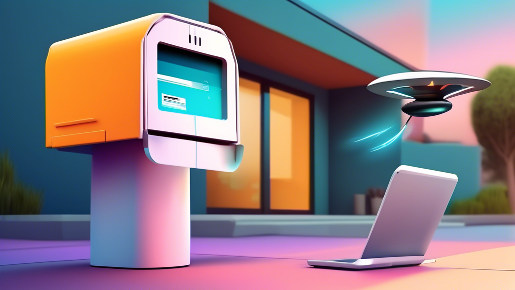 A futuristic smart mailbox securely receiving a package outside a house while the owner monitors it from their smartphone, with a delivery drone flying away in the background.