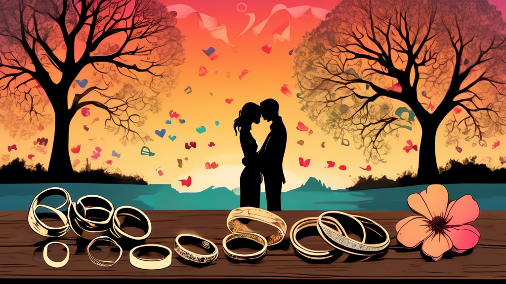 A couple in love, silhouetted against a sunset, examining a variety of unique wedding bands laid out on a vintage wooden table, with delicate flowers and handwritten love notes scattered around.