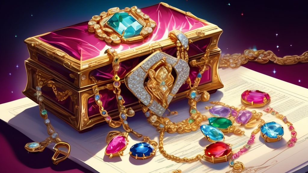 A luxurious and detailed jewelry box spilling over with sparkling diamonds, gold necklaces, and precious gems, resting on top of an insurance policy document, with a protective shield symbol glowing overhead.