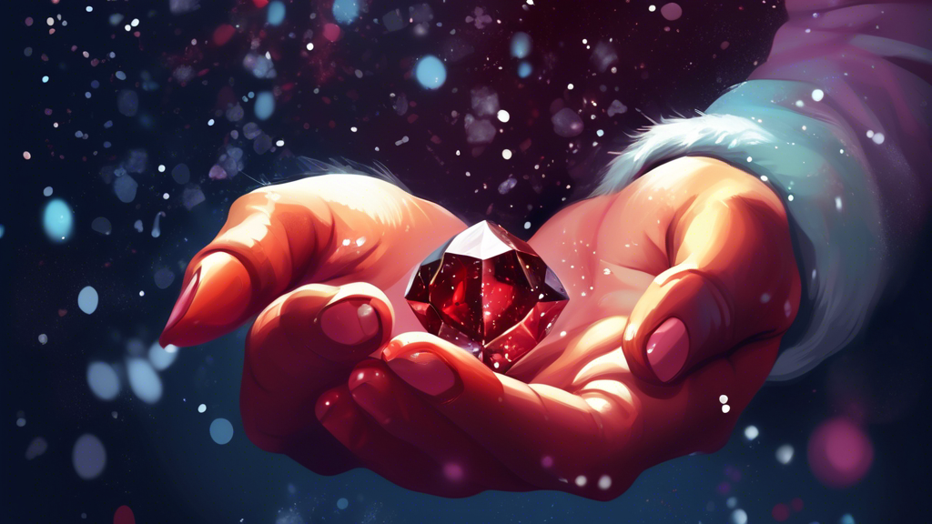 An illustration of a person holding a sparkling garnet gemstone in their hand, with snowflakes gently falling around them, symbolizing the January birthstone.
