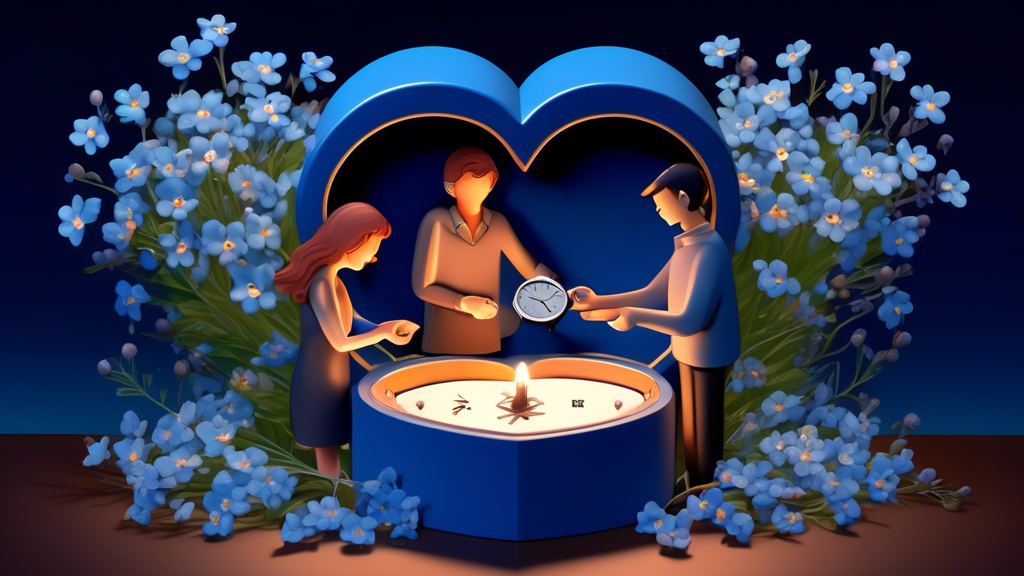 A couple exchanging elegant watches in a heart-shaped box surrounded by forget-me-nots, the symbol of true love, on their 17th anniversary in a cozy, candlelit setting.