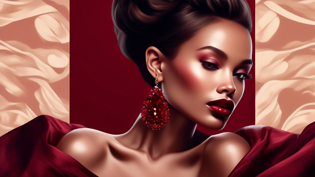 Create an elegant image showcasing a model in a stylish, sophisticated outfit complemented by radiant garnet earrings, incorporating soft, luxurious fabrics and a backdrop that emphasizes the beauty and class of the garnet's deep red color.