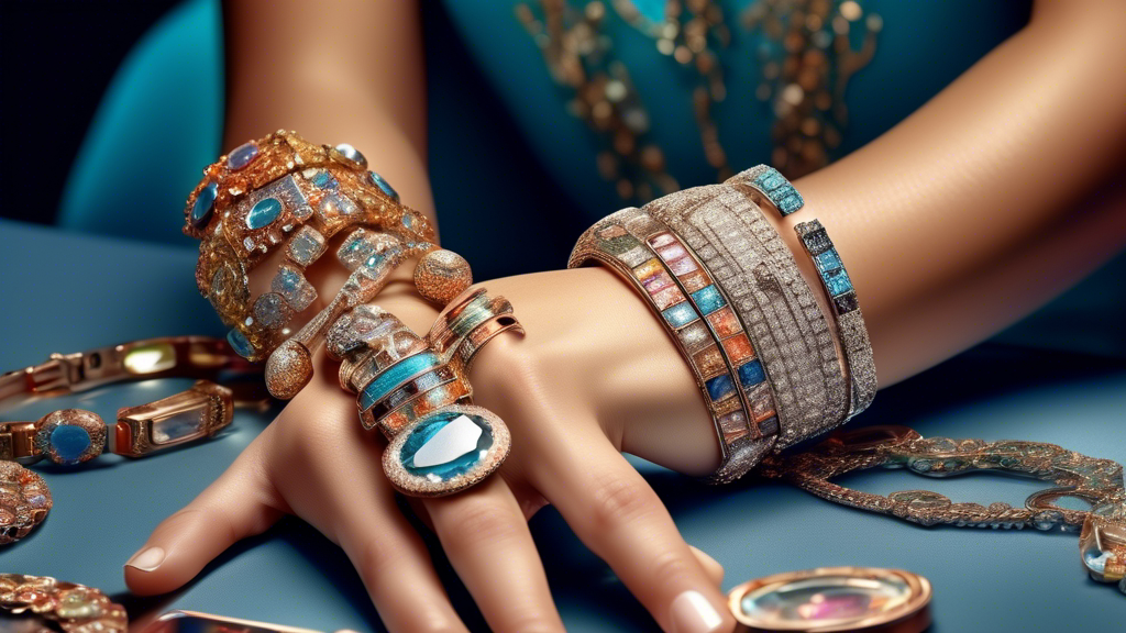 An elegant woman wearing a series of sparkling tennis bracelets on her wrist, showing off the intricate designs and stones, in a luxurious setting with a fashion magazine style guide layout.