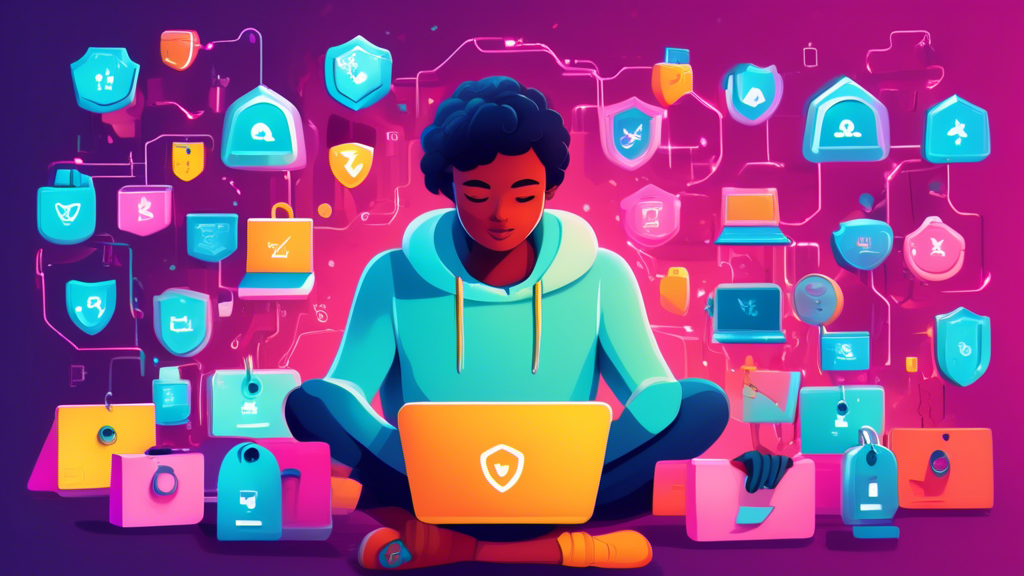 A digital illustration of a person sitting in front of a computer, surrounded by shields and locks, happily shopping online with virtual security icons floating around.