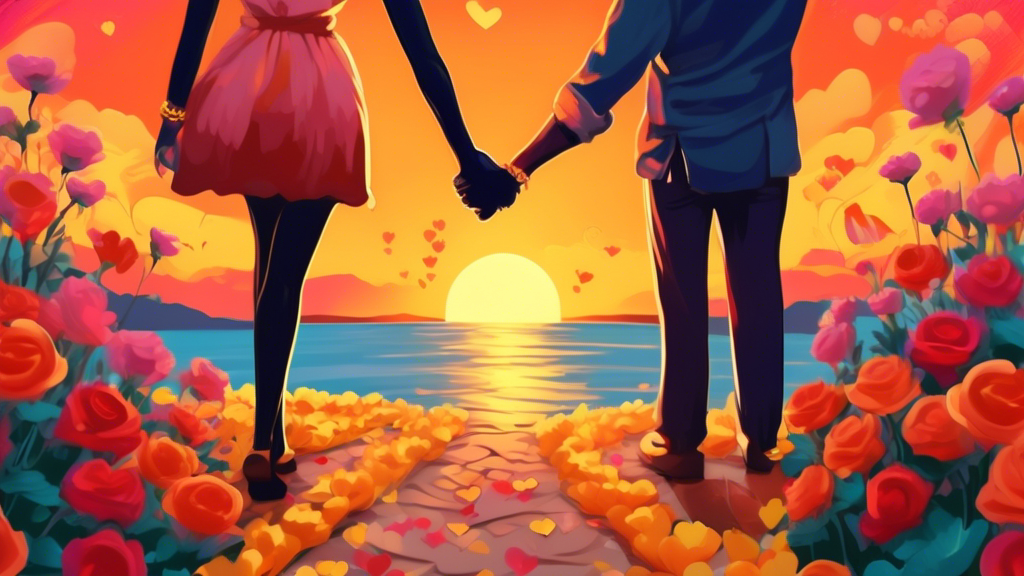 Paint a romantic scene of a couple holding hands with matching bracelets, surrounded by hearts and flowers, under a golden sunset.