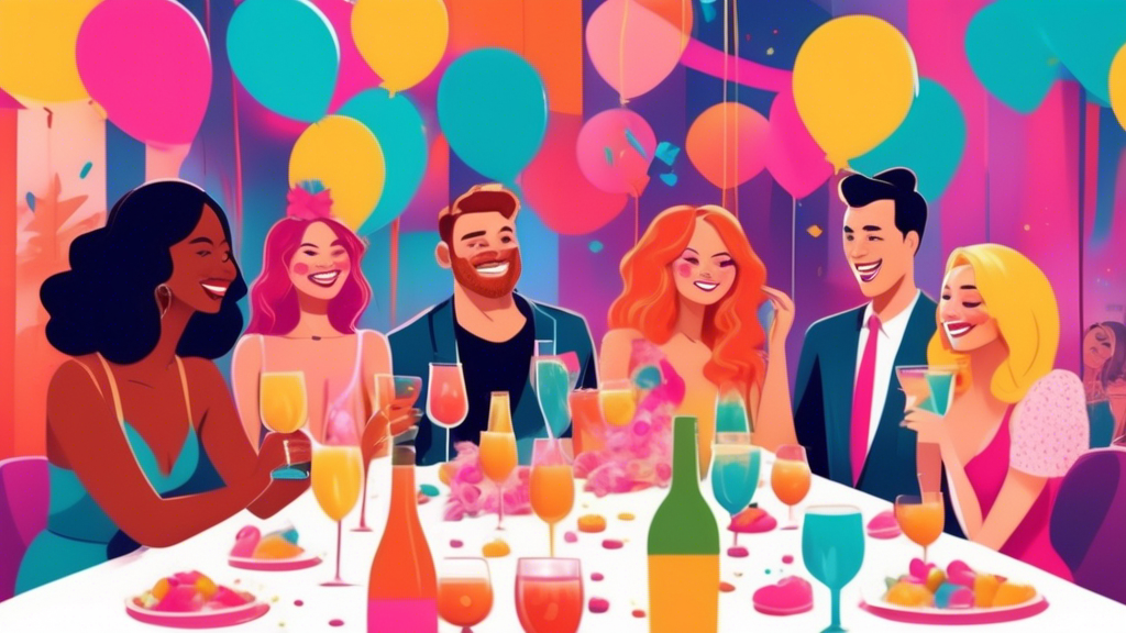 Animated group of friends celebrating at a stylish bachelor/bachelorette party in a colorful, whimsical setting, with customizable Instagram caption bubbles above their heads.