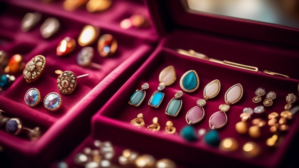 Close-up of a diverse collection of stud earrings arranged neatly in a luxurious velvet-lined jewelry box, with a soft-focus background featuring a woman's silhouette deciding in a mirror.