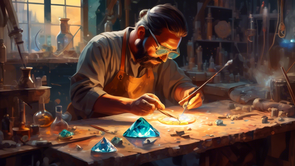 An artisan crafting a stunning moissanite gemstone in an ancient, mystical workshop with science equipment in the background, illustrating the gem's dual appeal of beauty and technological marvel.