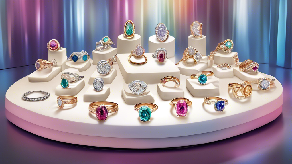 An elegant display of Kay's Jewelry collections showcasing an array of glittering diamond rings, necklaces, and bracelets, under soft, luxurious lighting.