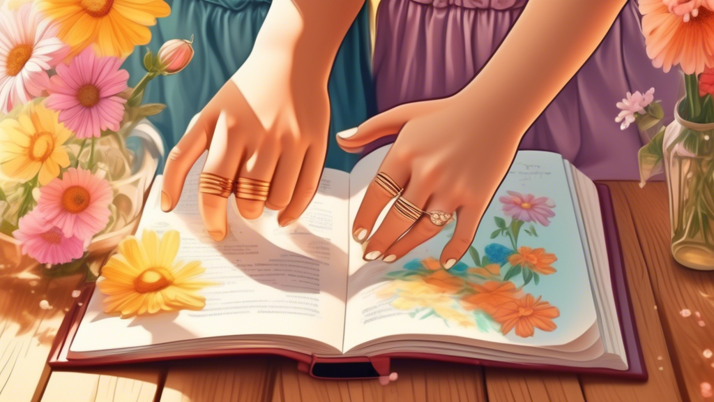 Detailed illustration of a smiling mother and daughter wearing matching rings, holding hands over a guidebook on a sunlit wooden table, with blooming flowers in the background.