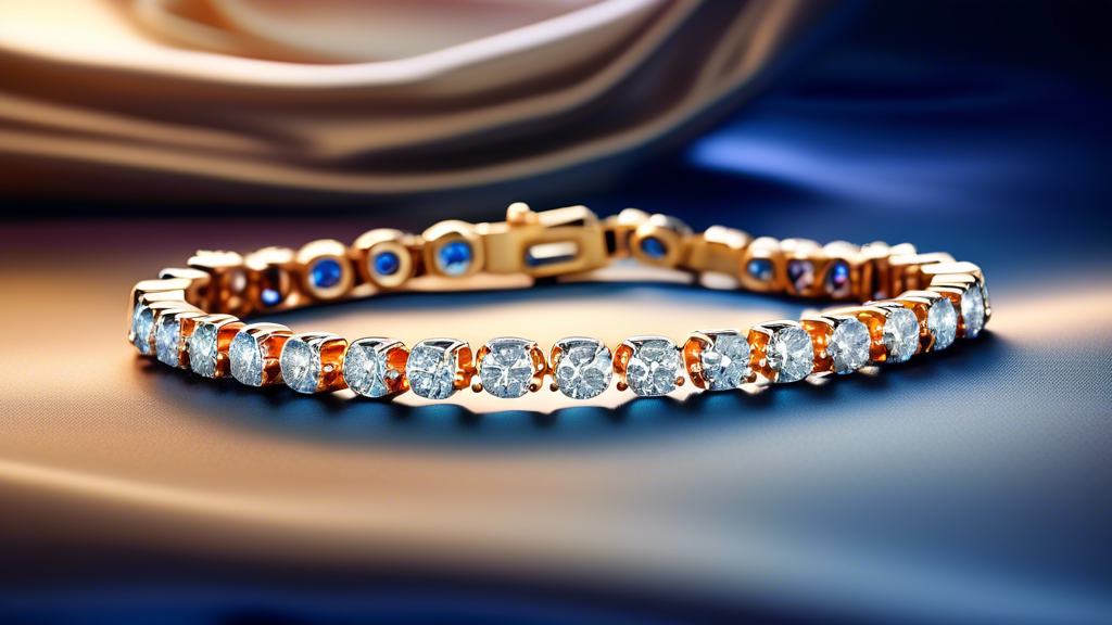 A close-up, high-resolution image of a delicately illuminated tennis bracelet elegantly placed on a satin cushion, showcasing its sparkling diamonds against a timeless, sophisticated backdrop, highlighting the blend of elegance and style.