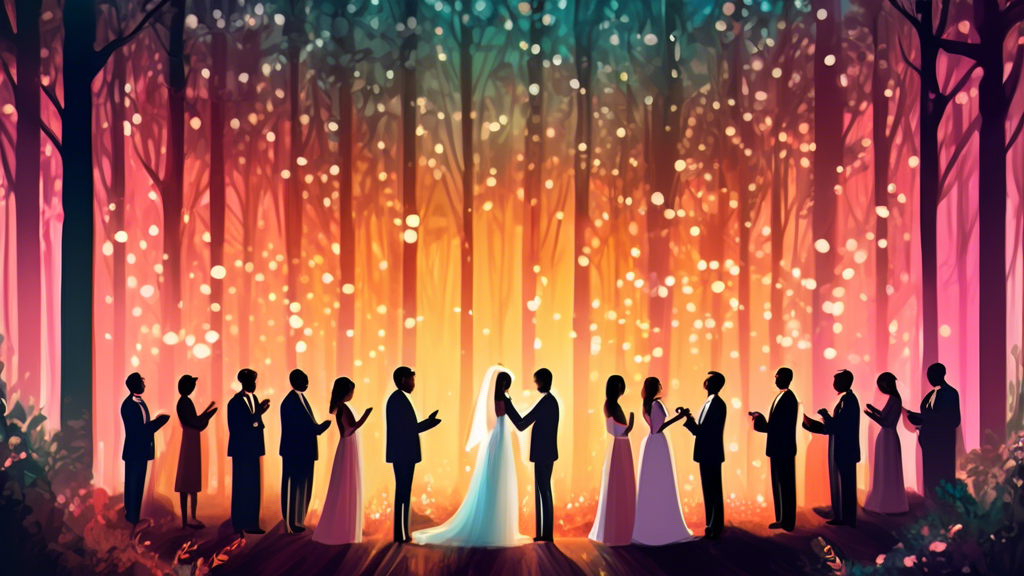 An enchanting forest clearing with guests standing in a circle around a couple exchanging vows, illuminated by the soft glow of sunset, embodying the charm of standing ceremonies in modern weddings.