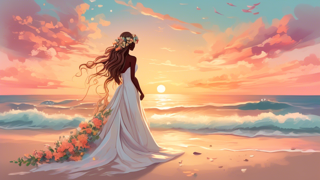A serene beach wedding scene at sunset, showcasing a bride with long flowing hair adorned with delicate flowers and sea-inspired accessories, capturing a harmonious blend of natural elegance and waves of beauty.