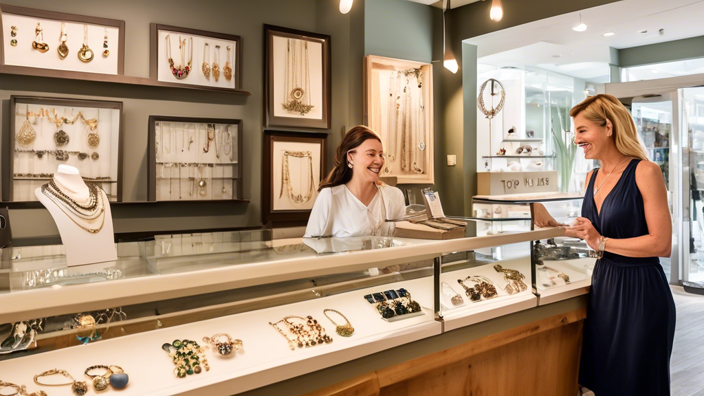A cozy, inviting local jewelry store filled with a variety of elegant pieces, showcasing a helpful jeweler assisting a smiling customer under a warm, welcoming sign that reads 'Top Local Jewelers Near You'.