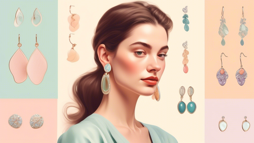 An elegant and soothing illustration of a young woman with sensitive ears, delicately choosing hypoallergenic earrings from a selection of stylish options, displayed on a soft, pastel-colored background, emphasizing comfort and fashion.