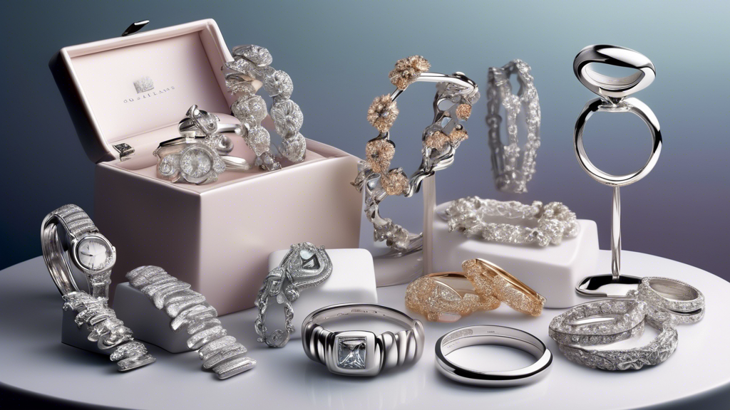 An elegant collection of platinum gift ideas on display for a 20th anniversary celebration, including jewelry, watches, and decorative items, illuminated by soft, romantic lighting.