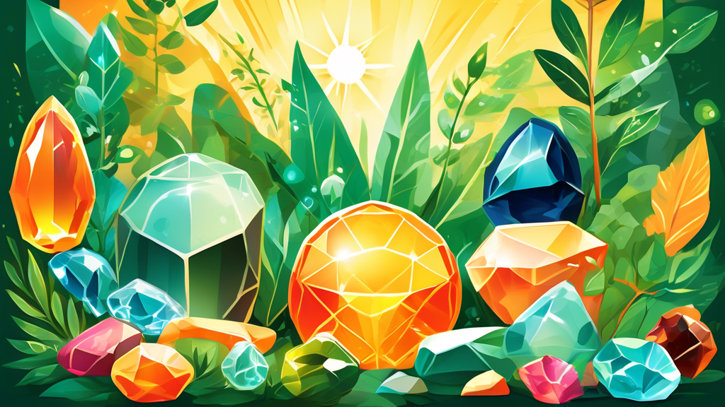 A vibrant illustration showcasing the transformation from raw, earthy elements into gleaming, ethically sourced lab-grown gemstones, surrounded by green foliage and renewable energy symbols, under a radiant sun.