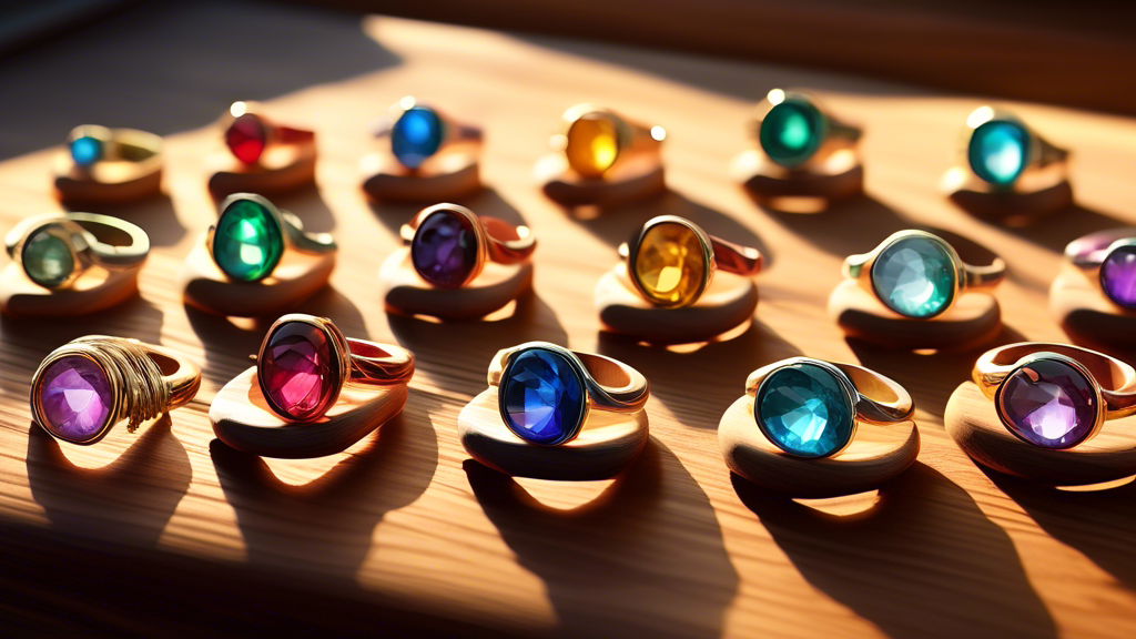 An artistically crafted guide opened on a wooden table displaying illustrations of twelve birthstone rings, one for each month, with soft beams of sunlight highlighting their unique colors and textures