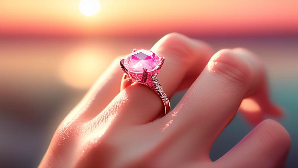 Close-up of a delicate hand adorned with a sparkling pink diamond ring, reflecting the soft glow of a romantic sunset.