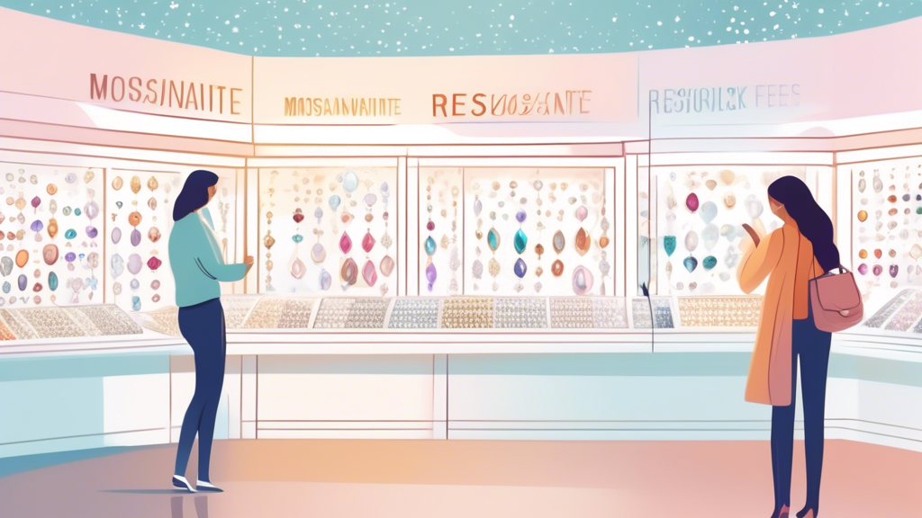 Illustration of a customer happily reading a clear and detailed sign explaining moissanite restocking fees at a jewelry store, with a background of sparkling moissanite jewelry on display.