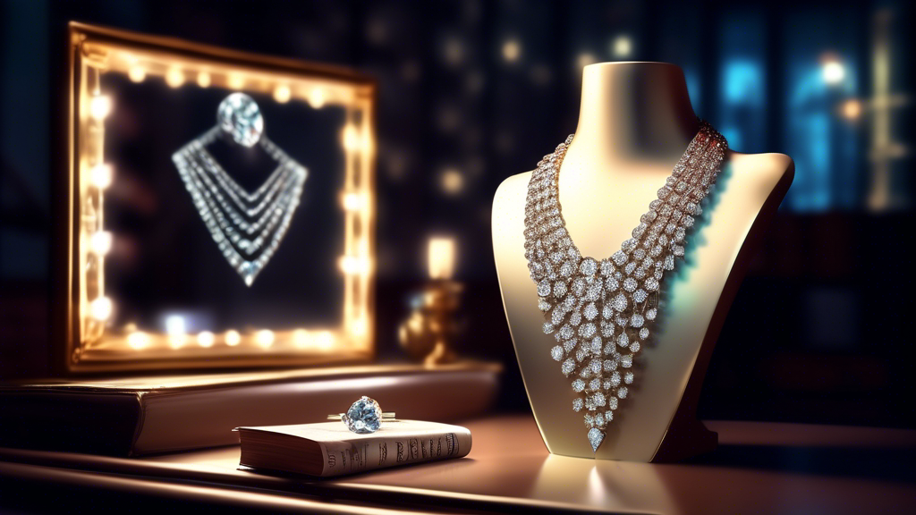 Dramatic illumination of a luxurious diamond necklace elegantly draped over a polished mirror, reflecting its brilliance, with a soft-focus background of financial charts and vintage books on high society etiquette.