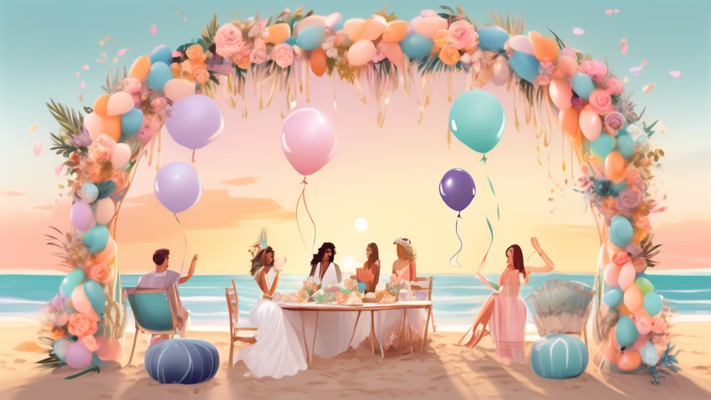 A group of joyful friends celebrating a bridal shower with a beautifully decorated beach setup at sunset, featuring a pastel balloon arch, elegant floral arrangements, and bohemian chic seating on the sand.