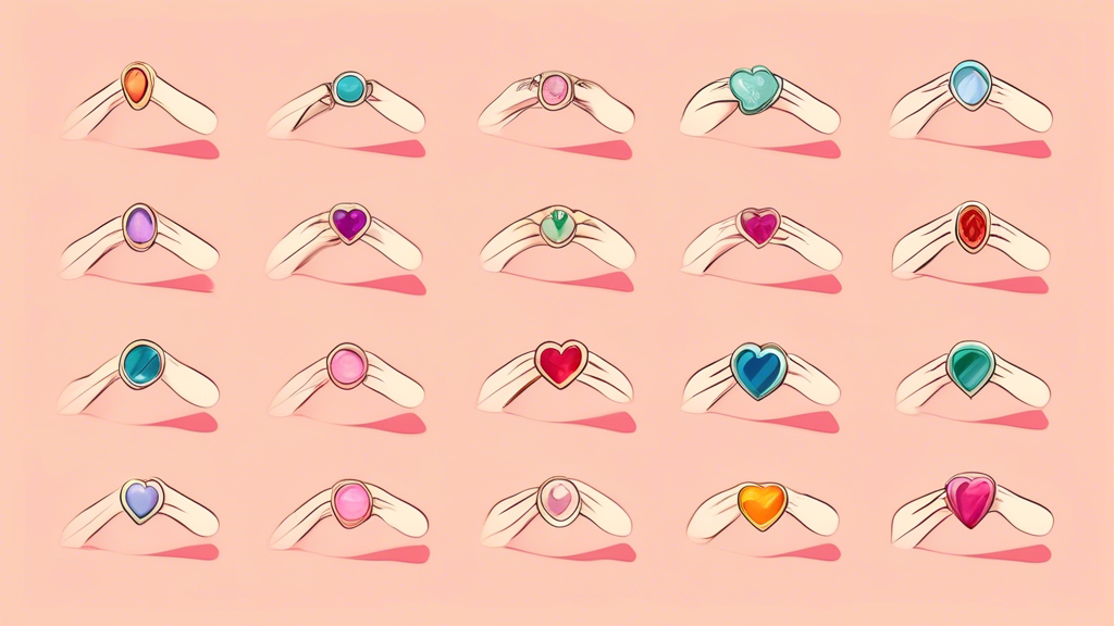 Illustration of a hand gracefully displaying a variety of popular women's ring shapes and styles, with labels for each style underneath, set against a romantic, softly lit background.