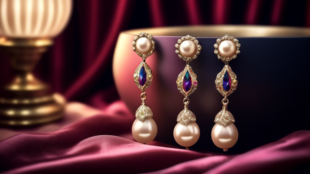 Create an image of a pair of elegant pearl drop earrings glistening under a soft, vintage lamp light, with a backdrop of luxurious velvet fabric to highlight their timeless beauty and sophistication.