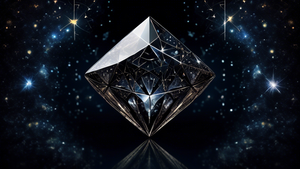 An enigmatic, shimmering black diamond, magnified to show intricate details and patterns, against a backdrop of a starry night sky, representing the mystery and allure of the celestial origins of black diamonds.