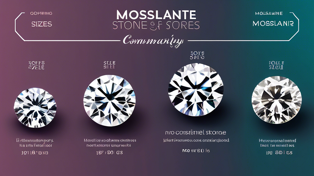 An elegant infographic comparing different sizes of moissanite stones with their common applications in jewelry, showcased on a velvet background with a diamond size chart in the backdrop for comparison.