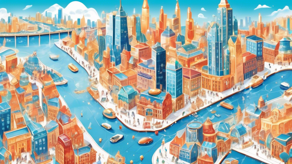 An illustrated map marked with sparkling diamonds, each representing the best jewelry stores in a bustling, colorful cityscape under a bright blue sky.