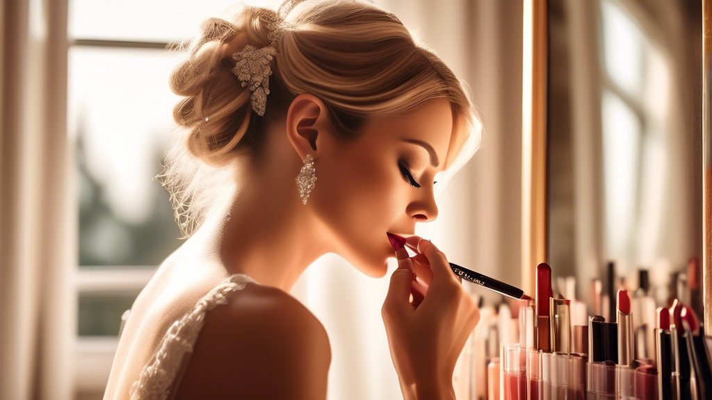 Detailed close-up image of a bride applying the perfect shade of lip liner in a sunlit bridal suite, with a variety of elegant lip liners displayed on the vanity.