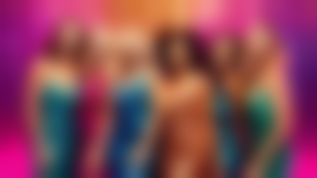 A vibrant and stylish group of women celebrating in a variety of trendy bachelorette party dresses, standing in front of a glamorous, glittering backdrop, laughing and posing for a memorable photo.