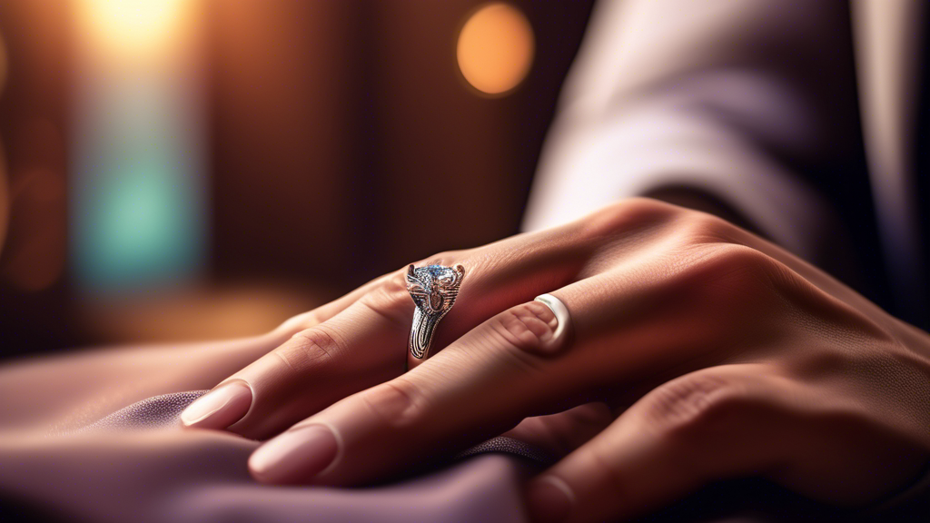 A sophisticated male hand wearing a unique, modern engagement ring, highlighting detailed craftsmanship and masculine style, with a soft focus on a romantic background.