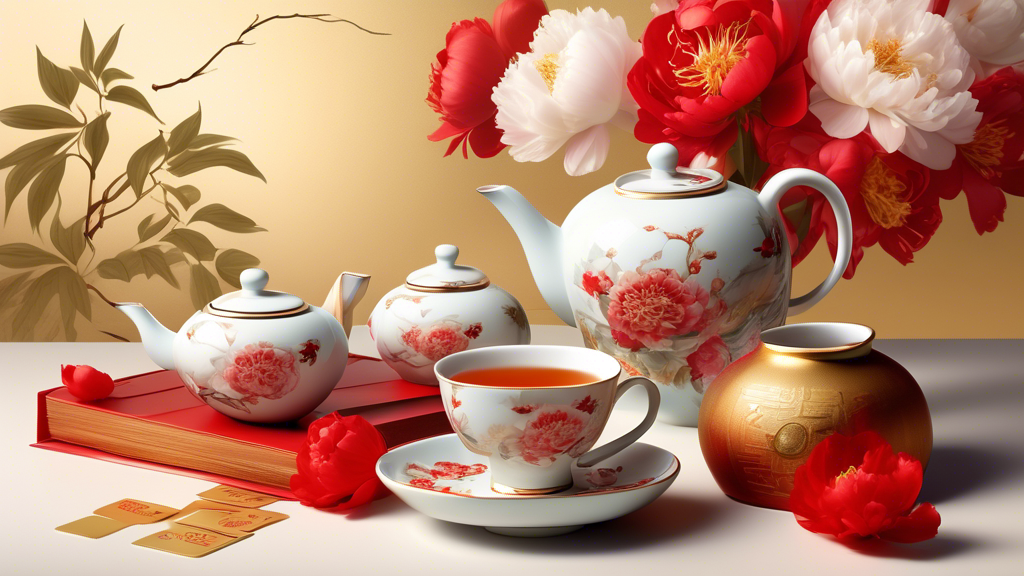 A luxurious and artistically designed Chinese tea set, elegantly packaged as a gift, surrounded by white and red peonies, with a golden anniversary card, against a soft, ethereal background.