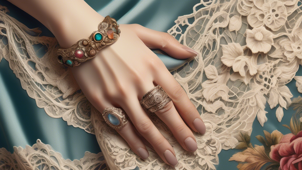 A close-up image of an elegant hand adorned with vintage rings from different eras, capturing the intricate details and timeless charm, set against a soft, velvety background with a hint of antique lace.