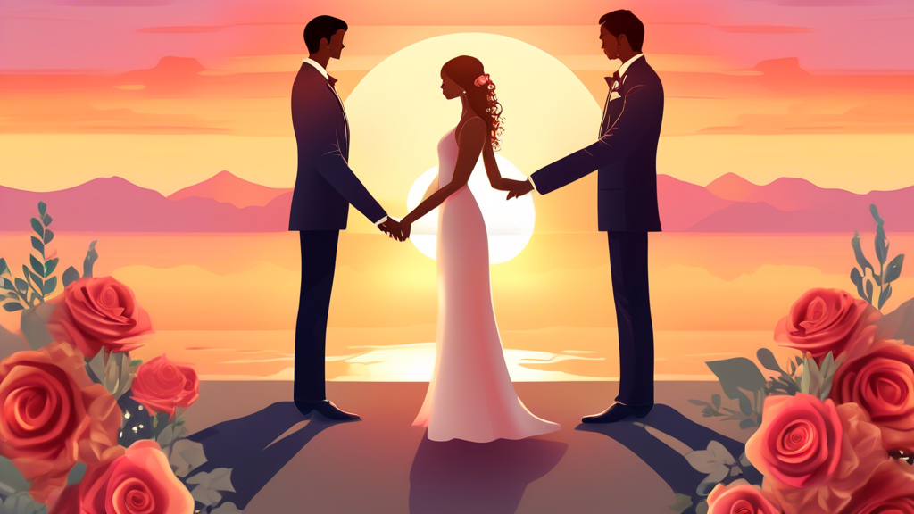 An elegant couple holding hands and showcasing their unique wedding ring sets, with a romantic sunset and beautiful floral arrangement in the background.